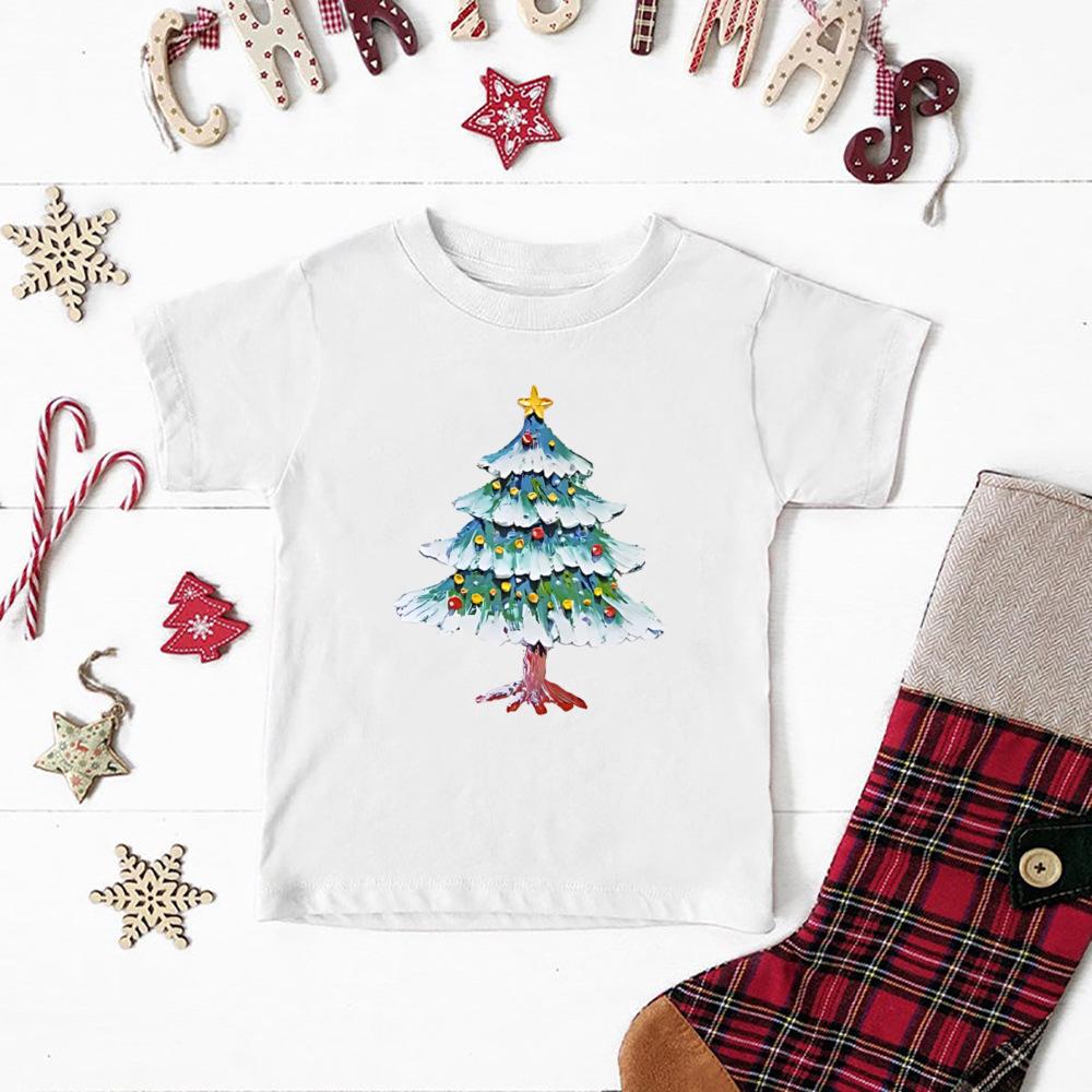 Christmas Tree and Santa Claus Printed Kids T-shirt Christmas Toddler Round Neck Tops Xmas Holiday Short Sleeve Tee Outfits