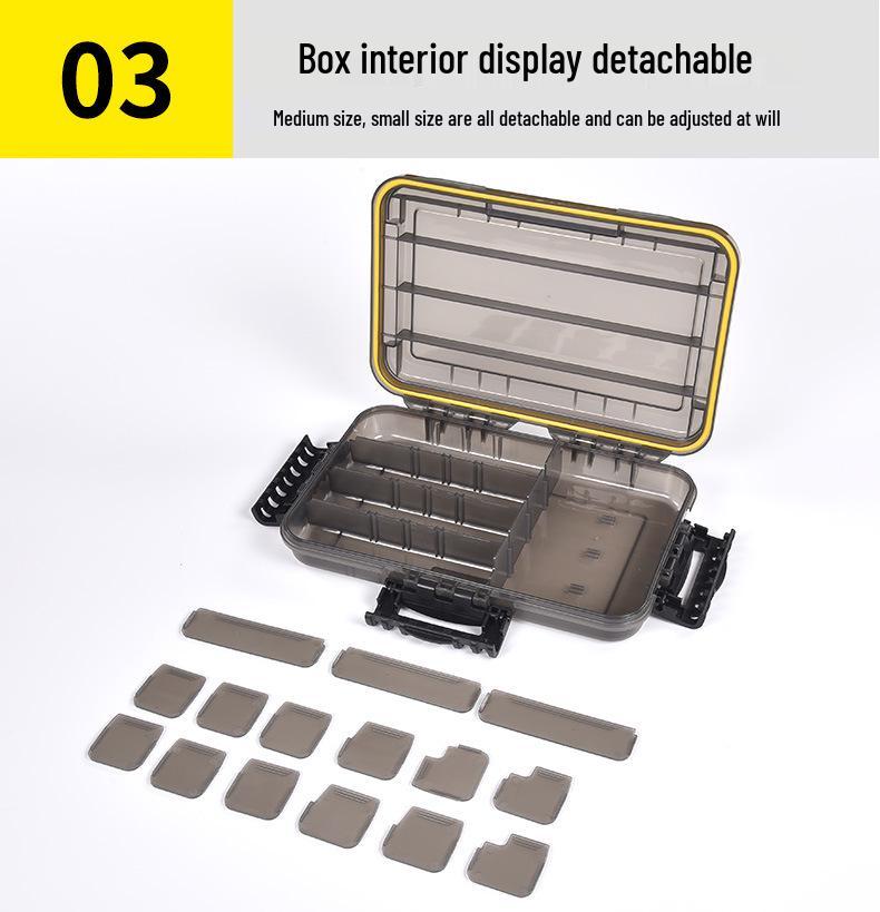 Wasserdichte Köderaufbewahrungsbox mit herausnehmbaren Trennwänden und großem Fassungsvermögen, gesichert mit Kombinationsschnallen für Angelzubehör.