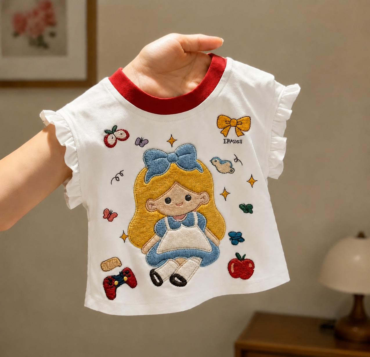 Summer Girls Cotton Sleeveless Vest Cartoon Print Block Splicing Cute Baby Top 90