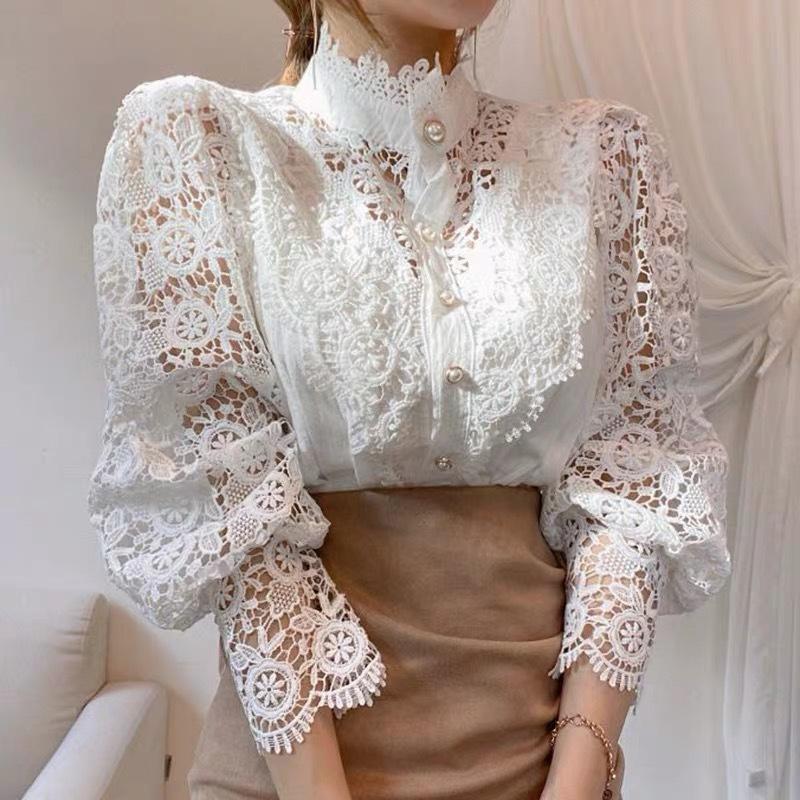 Frauen Stehkragen Spitze Patchwork Shirts Casual Aushöhlen Blume Blütenblatt Hülse Taste Tops Weiße Shirts für Frauen
