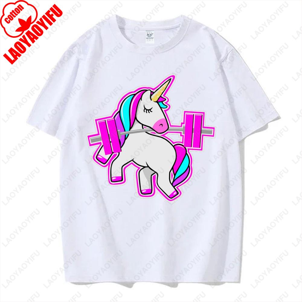 Rainbow Unicorn Installing Muscles Please Wait Gym Funny Sticker Tops Men Women Hipster Creative Cool Tshirt Kawaii Tees Gifts