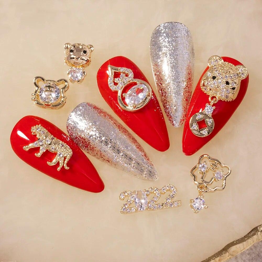 Ķīniešu Jaunais gads 3D nagu mākslas aksesuāri Rotaslietas Dekorācijas DIY Tiger Lucky naudas soma kristāla sarkans dārgakmens Rhinestone krelles