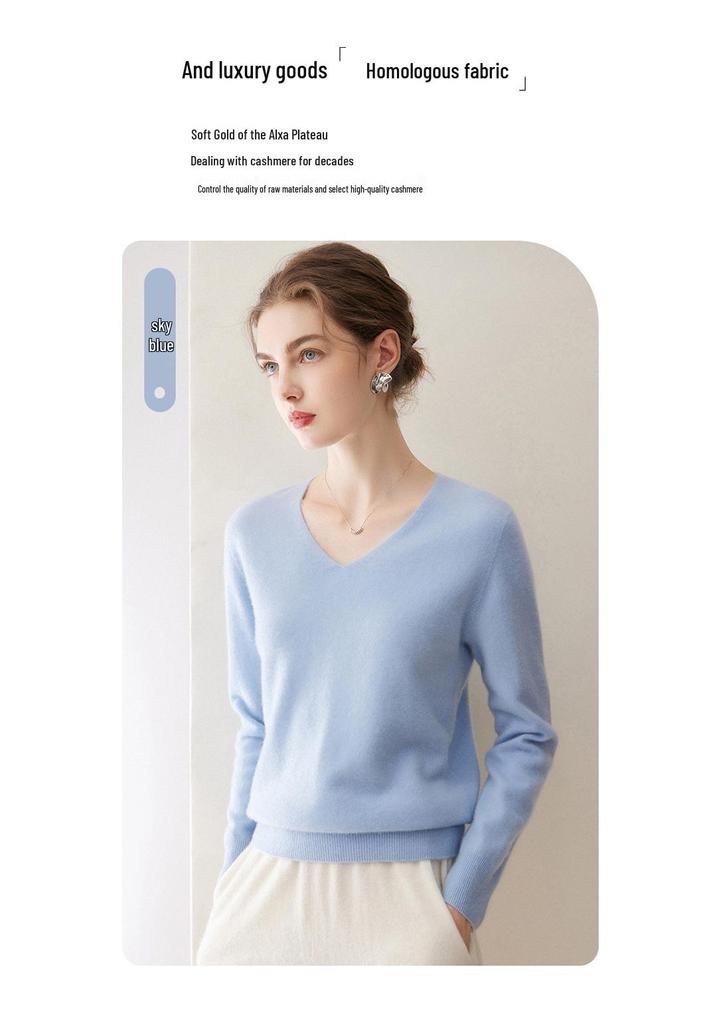 Women's 100% Pure Cashmere V-Neck Long Sleeve Pullover Sweater for Spring and Autumn.