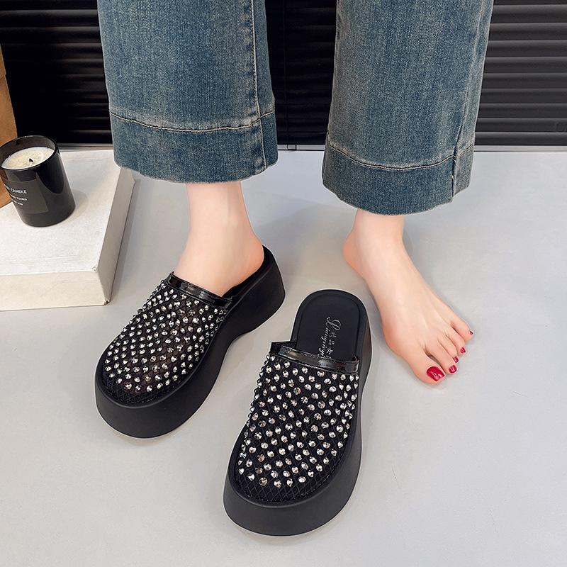 Baotou mesh breathable word with muffin bottom women's outer slippers solid color waterproof table square head casual Korean version sandals