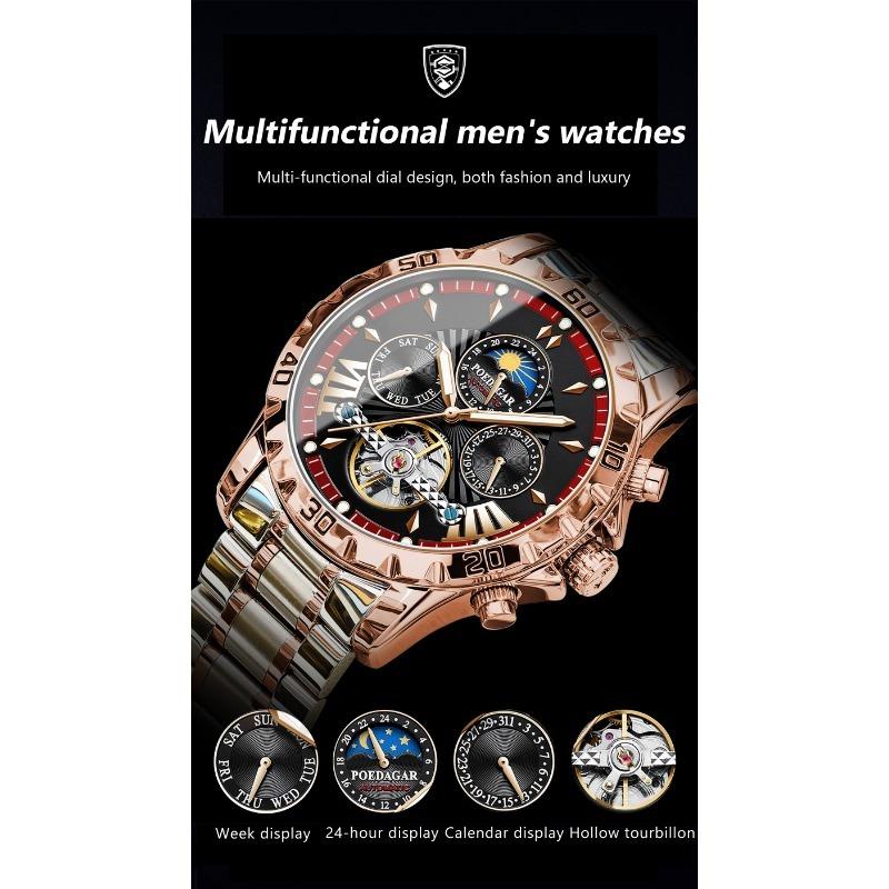 POEDAGAR Luxury Men Watch Luminous Waterproof Hollow Tourbillon Male Clock Week Date Business Automatic Mechanical Watches