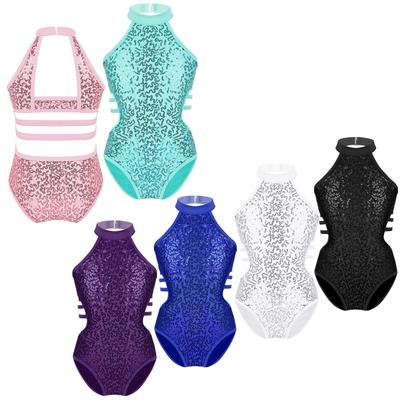 Malla de gimnasia sin mangas con lentejuelas y cuello halter con tiras en la espalda para niñas y niñas, camiseta sin mangas deportiva