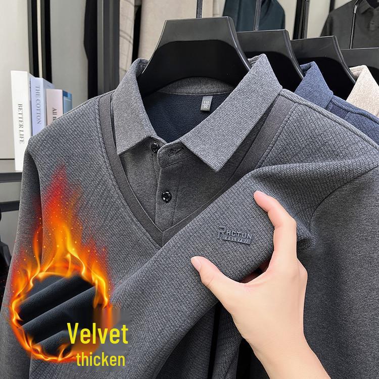 2025 Winter Men's Faux Two-Piece Sweater: New Thick Knit with Shirt Collar and Warm Velvet Layer