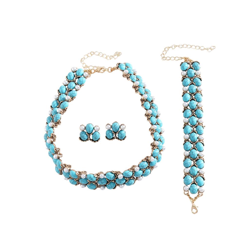 Turquoise Blue Diamond Flower Stud Earrings Necklace Light Luxury Niche Clavicle Chain Premium Jewelry Set