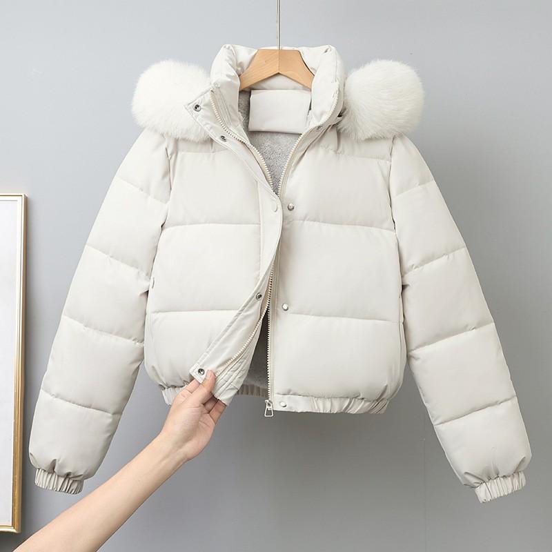 Womens Short Puffer Jacket With Faux Fur Collar Thick Cotton-Padded Winter Coat Slim Fit Hooded Outerwear In Classic Colors