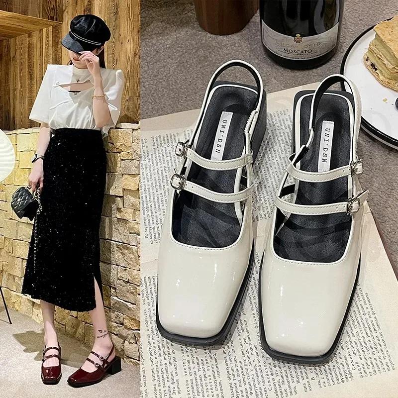 Fashion 2024 New Spring Faux Patent Finish High-heel Shoes with Straps Slingback Fashion Pumps for Women Square Toe Block