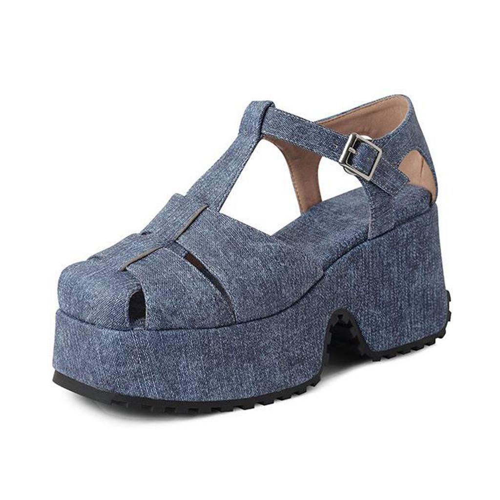 Krazing Pot Polyurethane Spring Summer Size 43 Size 42 Women Platform Women Square Toe Buckle Thick Bottom Pumps