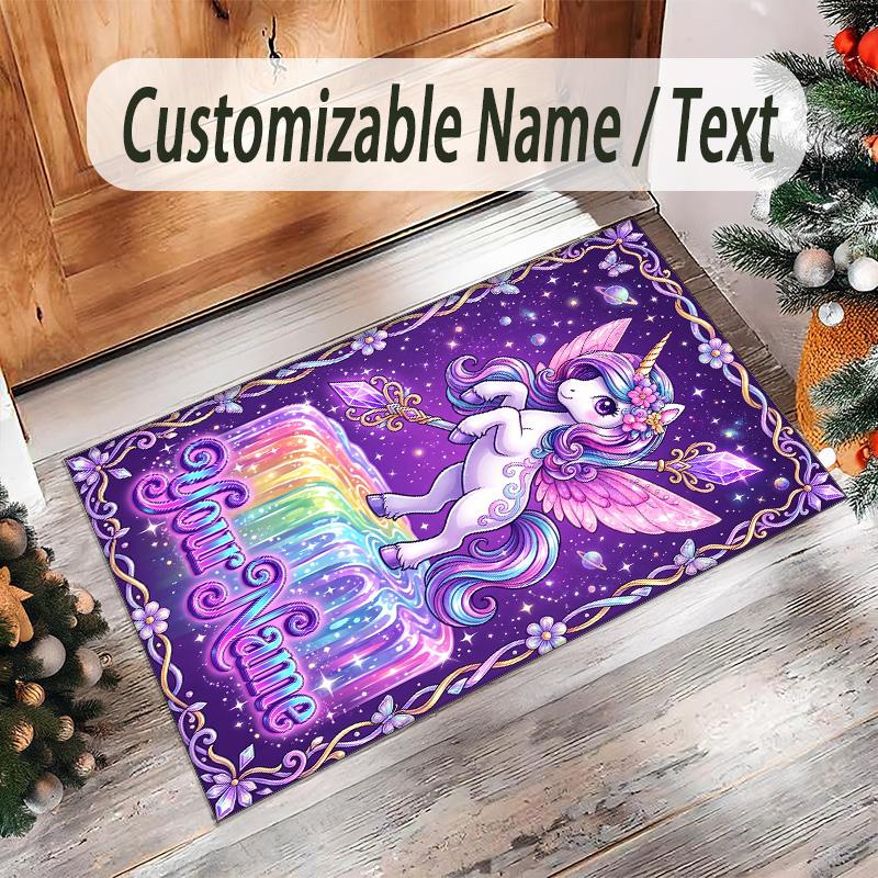 Alfombra de Suelo de Terciopelo de Cristal con Temática de Unicornio, Alfombra Cálida Personalizada con Nombre y Texto, Decoración del Hogar
