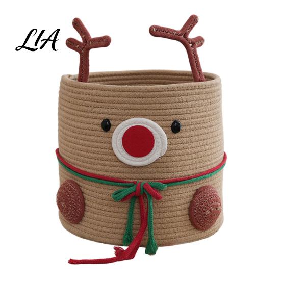 Sturdy Woven Container for Living Room Cute Reindeer Cotton Rope Storage Box, Large Capacity Soft Animal Basket Nursery Fabric Basket, Decorative