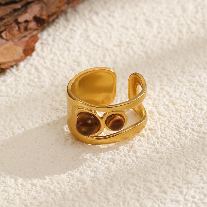 Stainless Steel Irregular Hollow Open Ring for Women Personality Brown Stone Imitation Pearl Bead Finger Ring Aesthetic Zircon