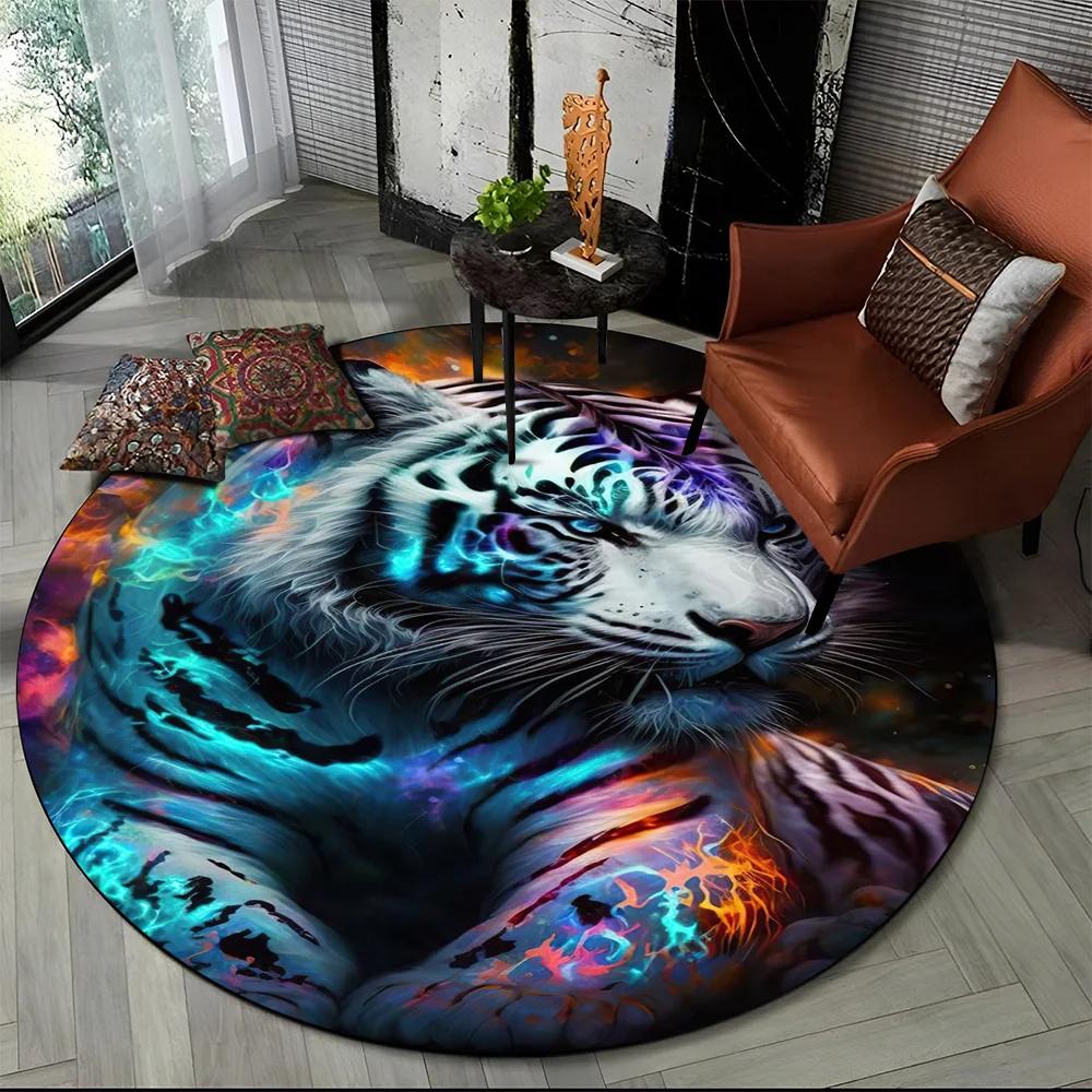 Beast Tiger Lion Leopard Animal Wildlife Cartoon Round Carpet Rug for Living Room Bedroom Child Decor,Pet Area Rug Non-slip Mat