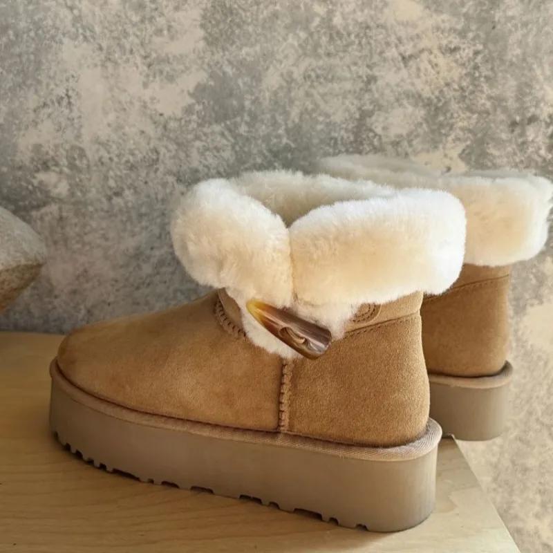 Fashion New Retro Winter Cow Suede Warm Snow Boots Handmade Women's Cute Round Head Thick Bottom with Suede Warm Cotton Boots Size 40
