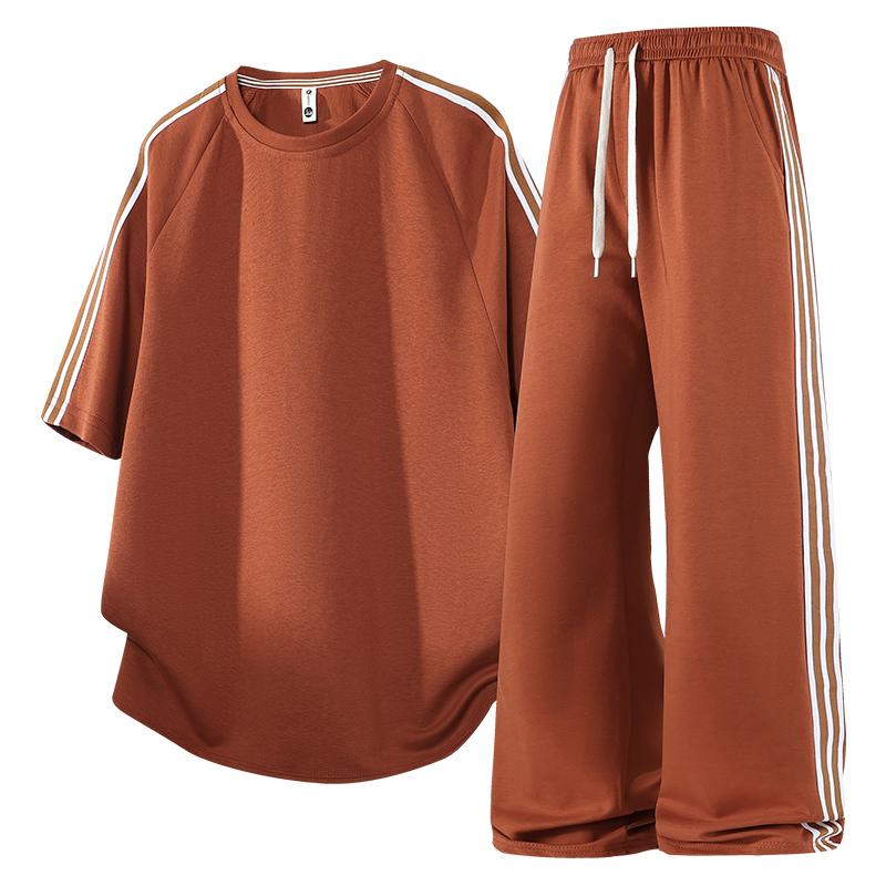 Breathable Sports Suit Round Neck T-shirt Trousers Two-piece Striped Fashion Short-sleeved Casual Suit For Men