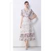 Summer Floral Print Long Dress V Neck Lantern Sleeves Embroidery Design Hollow Out Chic A Line Beachwear Female Dress