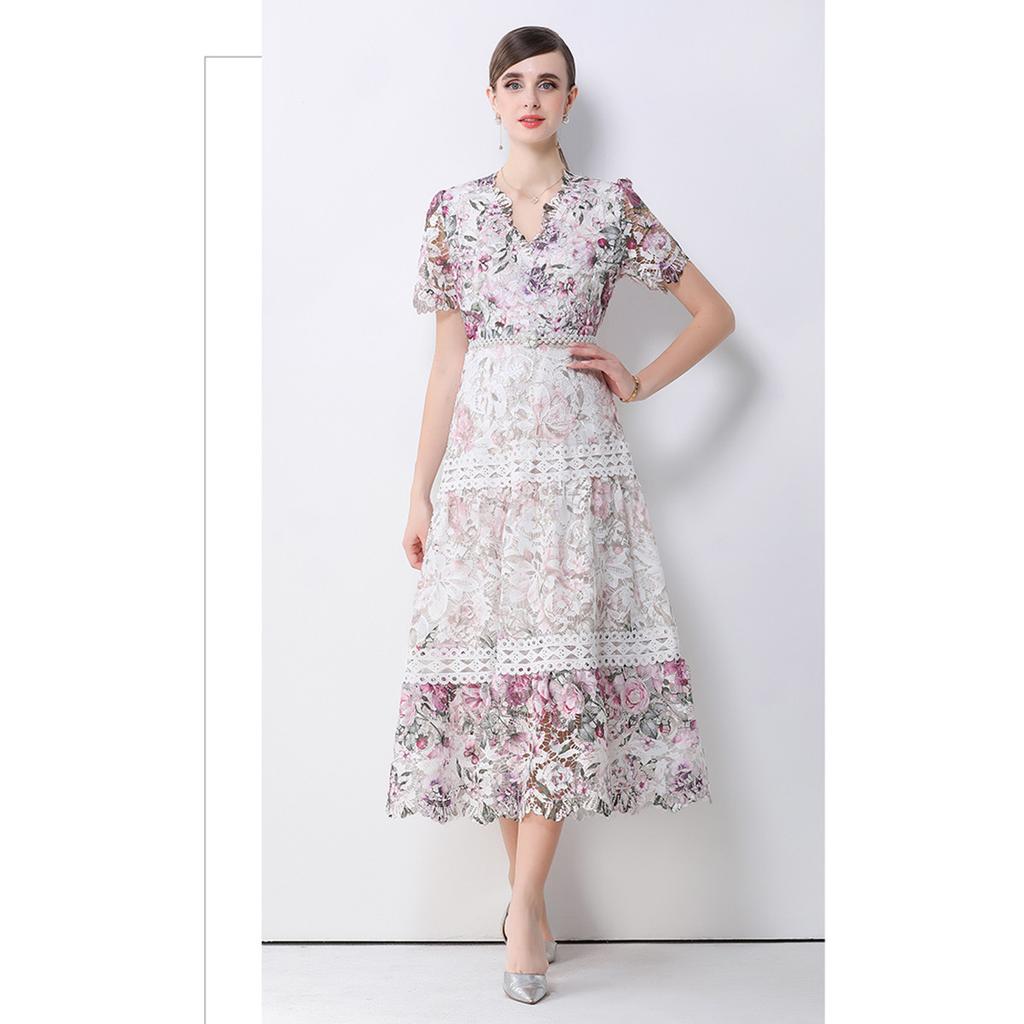 Summer Floral Print Long Dress V Neck Lantern Sleeves Embroidery Design Hollow Out Chic A Line Beachwear Female Dress