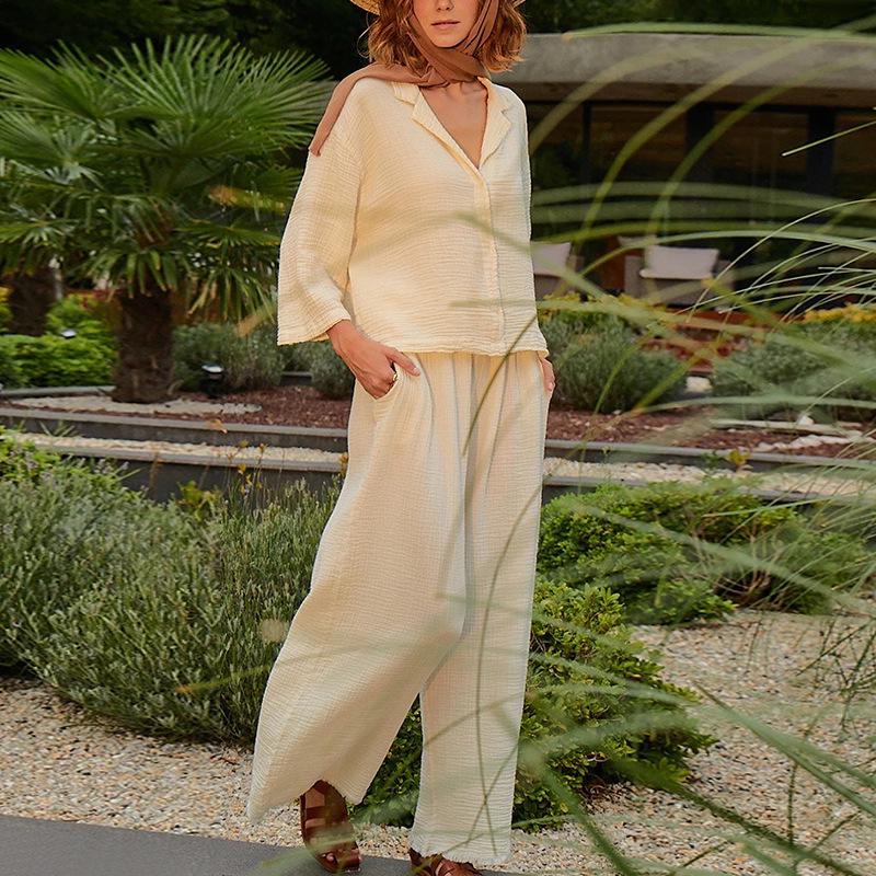 High-Waisted Wide-Leg Cotton Gauze Trousers with Loose Edge Design for Women