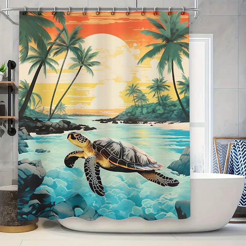 

Exotic Palm Tree Turtle Bathing Shower Curtain For Home Decoration Beach Style Printed Waterproof Fabric Hanging Doorway Decorat W60H190(CM)-1 Pcs