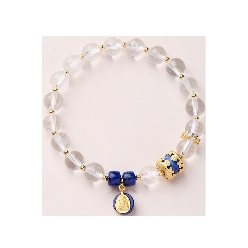 Handmade Natural White Crystal Bracelet With Lapis Lazuli Zha Ji La Mu Charm Ethnic Style Stackable Jewelry Women