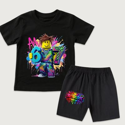 Cartoon-Spiel 67 Süßes bedrucktes Kinder T-Shirt und Shorts 2-teiliges Set Sommer lässiges Outfit für Jungen und Mädchen Kinderkleidung