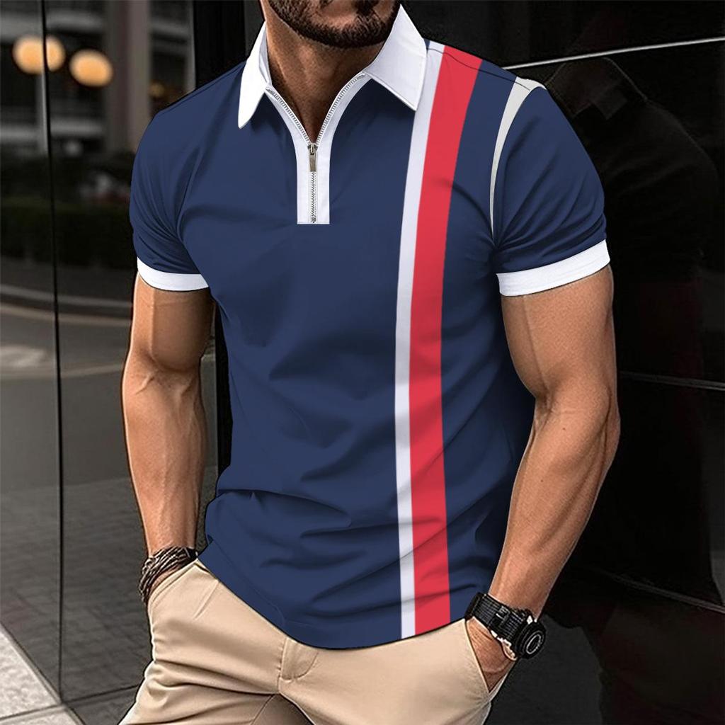 New Men's Casual POLO Shirt Lapel Zip Colour Blocking Business Versatile T-shirt Tops