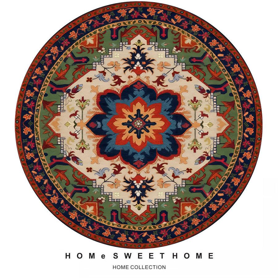 Ethnic Round Carpet: Non-slip, Wear-resistant Crystal Velvet Bedside Rug for Cool Comfort