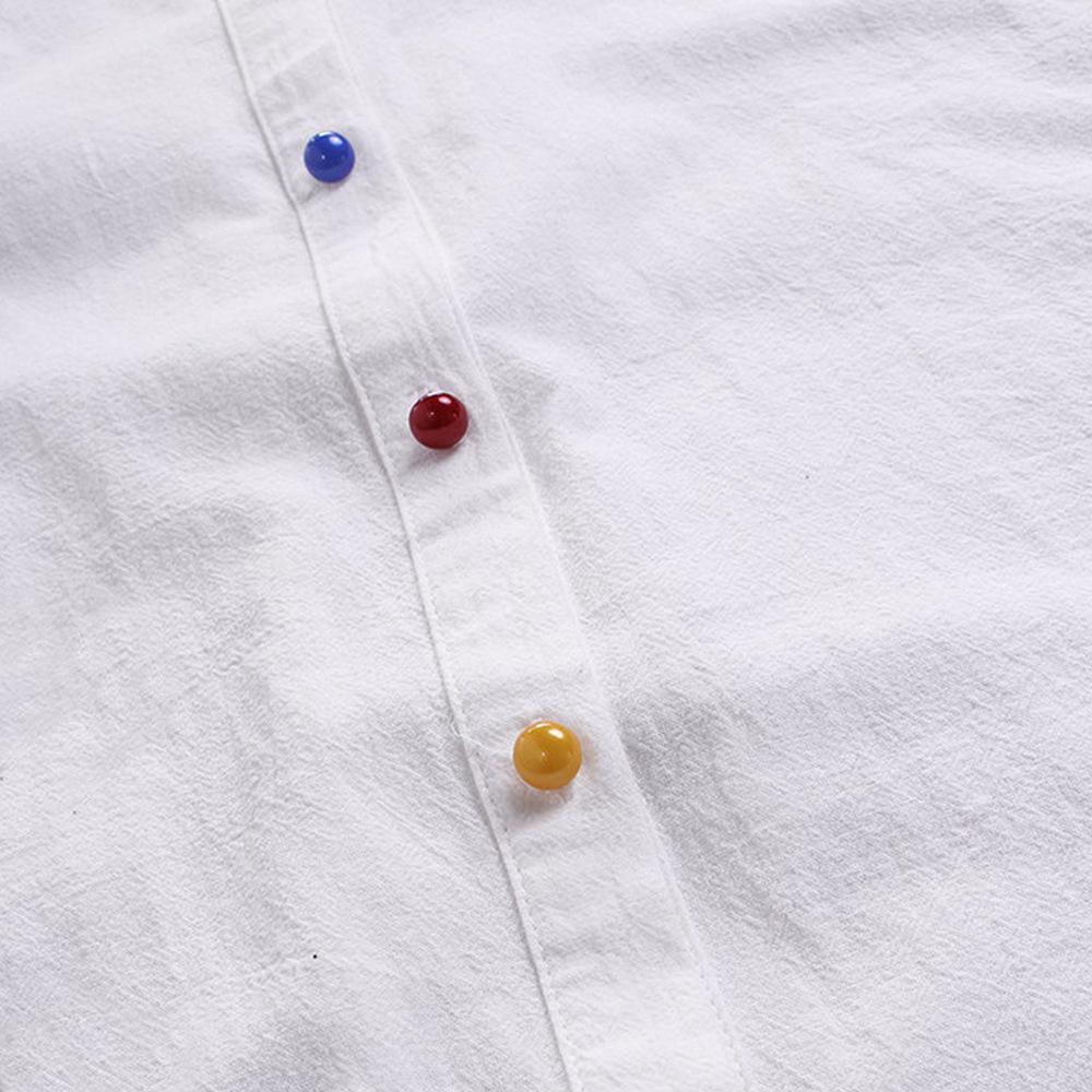 2024 Spring/Summer Women's Cotton Linen Print Shirt with Stand Collar and Colored Buttons