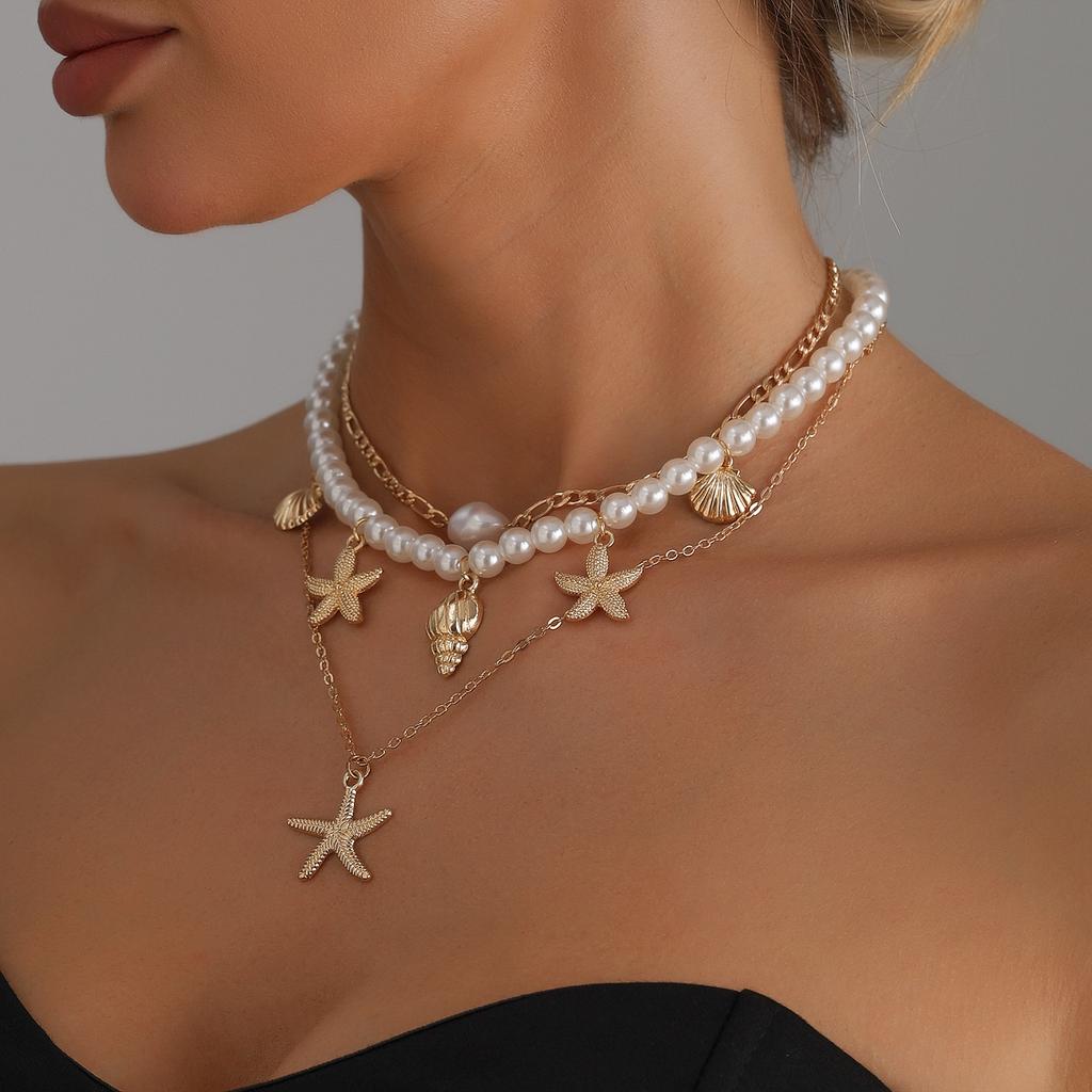 Ocean Elements Starfish Pendant Pearl Necklace Summer Beach Vacation ins Wind Collarbone Chain