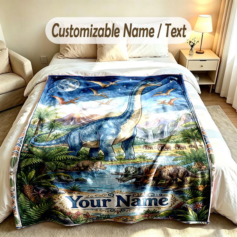 Dinosaur Theme Soft Blanket Personalized Custom Name Text Print Warm Blanket Home Sofa Bedroom Decor