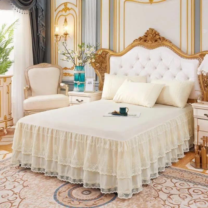 3 Layers Bed Skirt Lace Ruffled Bed Skirt Couvre Lit Bedroom Bed Cover with Surface Non-slip Mattress Cover Bedsheet Bedspread