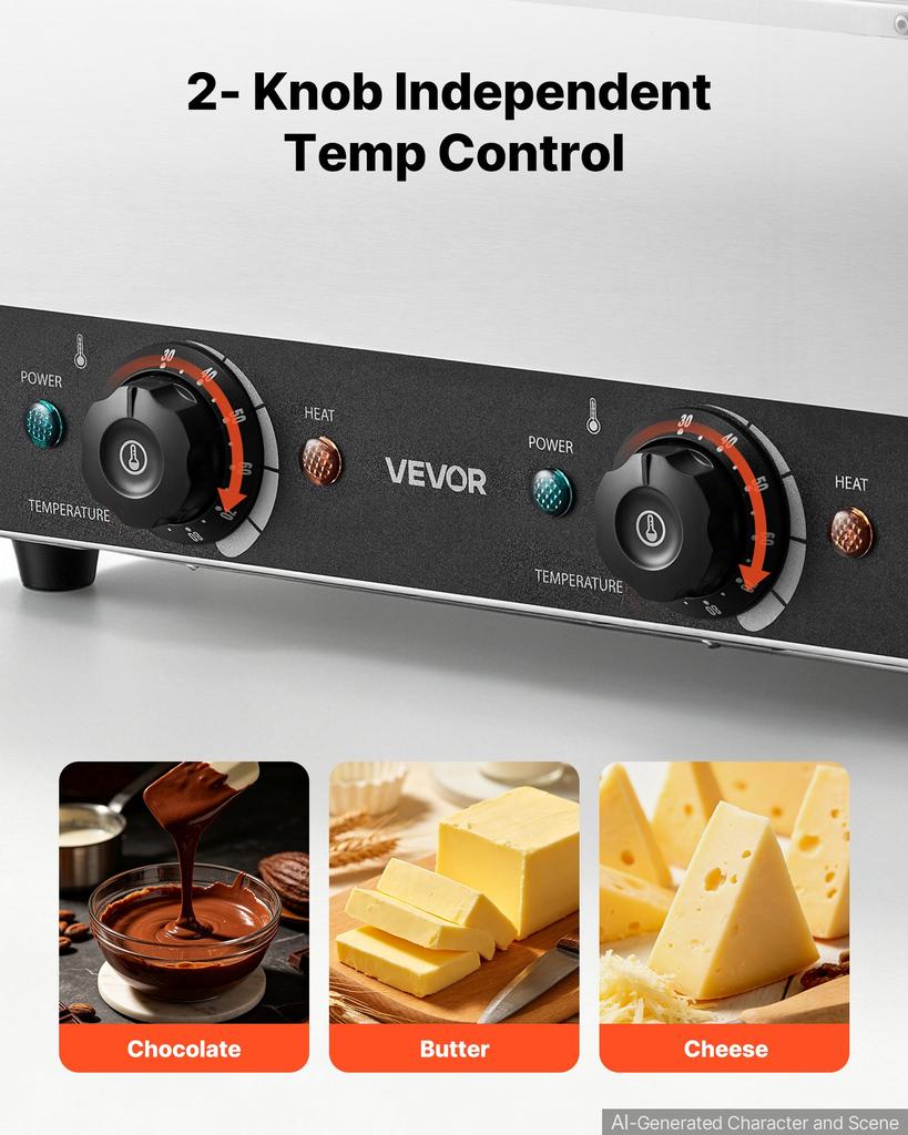 VEVOR 2-Temp Knob Chocolate Melting Machine, 2 Tanks 8.2 Kg Choc Melter, 1600W Power, Independent Temp Control, Water Bath Heat System