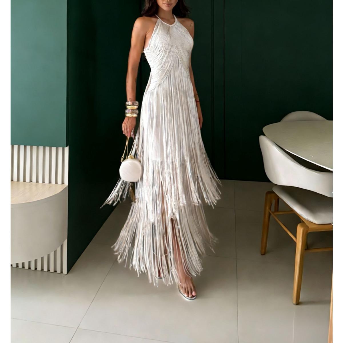 Frühling Sommer Neckholder Quaste Lang Maxikleid Abendparty Kleid Für Frauen Europäisch Amerikanischer Stil Formell Cocktail Abschlussballkleid XL weiß
