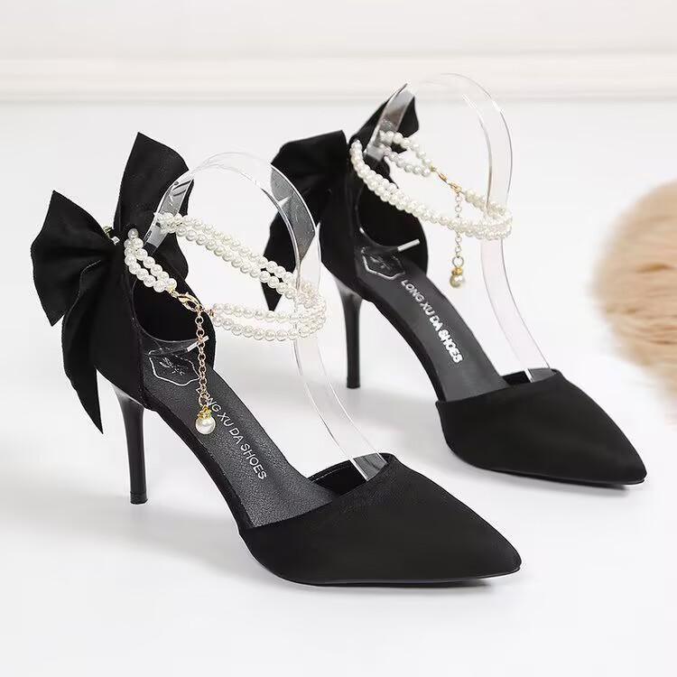 Fashion 2025 New Women Thin Heel Hollow Sandals Woman Pearl Butterfly Pointed Toe High Heels Pumps Womens Drees Shoes Wedding Shoes