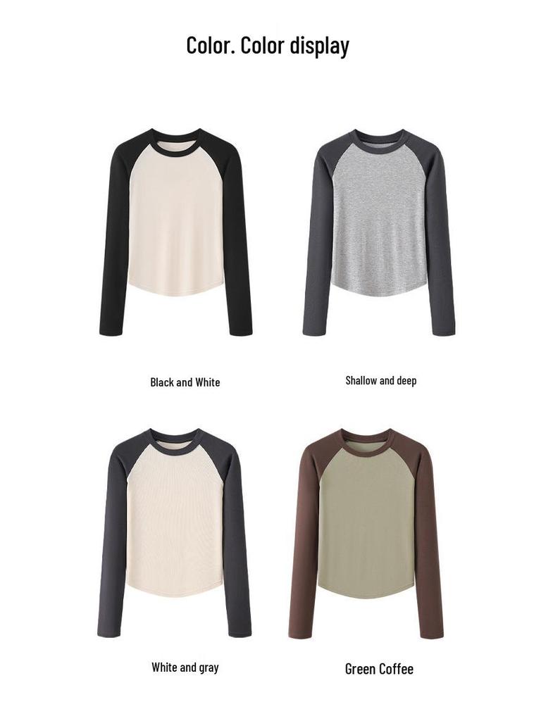 Women's Black and White Patchwork Long Sleeve Retro Slim Fit T-shirt, 2026 Spring/Autumn, Round Neck Base Layer.