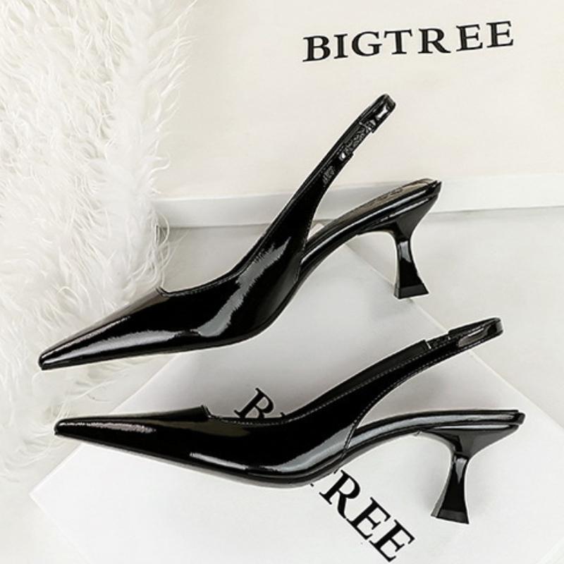 Fashion Sexy Pointed Toe Patent Leather Women Pumps Street Style Slingback Thin High Heels Shallow Ladies Sandals Retro Shoes Women
