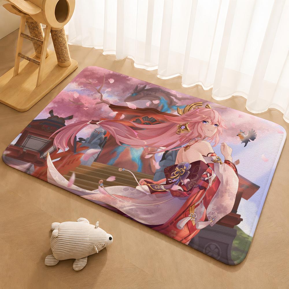 Genshin Impact Yae Miko Floor Mat Floor Mat Soft Flannel Non-Slip Door  Rug for Living Room