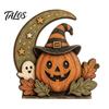 Waterproof Solid Wood Ornaments Halloween Retro Pumpkin Witch Cat Ghost Figurines with Crescent Base, Spooky Vintage Fall Holiday Party Supplies