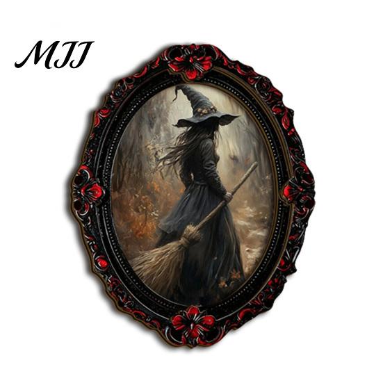 Small Halloween Scene Props Magnetic Fridge Magnet, Ghost Witch Photo Frame, Wooden Metal Cabinet Seasonal Ornaments Frame Decoration, Vintage