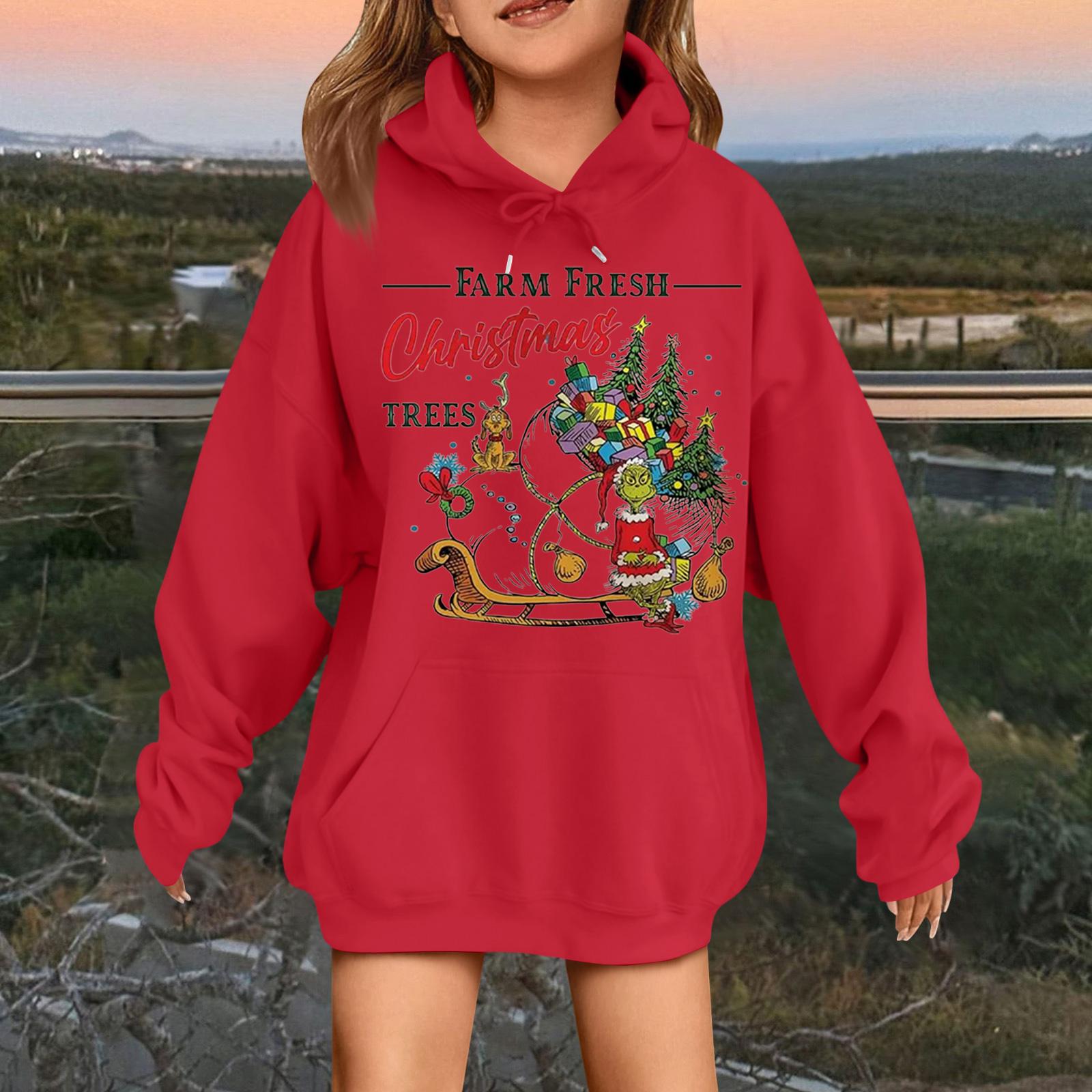 

Детская модная повседневная толстовка с капюшоном свободного кроя с длинными рукавами и рождественским принтом 120 красный