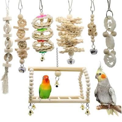 Pet Bird Hanging Natural Wooden Toy Set Parrot Perch Stand Chew Toys With Bells Bird Cage