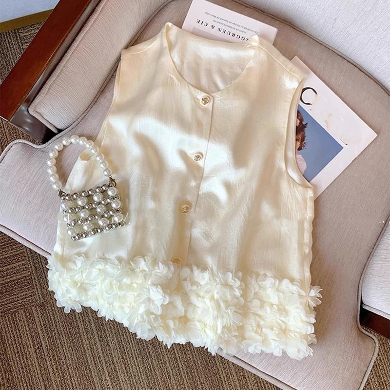 

Топ-жилет из атласа без рукавов с 3D цветочными вставками, с круглым вырезом, женский модный повседневный жилет на одной пуговице 2025 XL бежевый