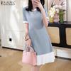 ZANZEA Women Casual Round Neck Short Sleeve Summer Splice Dress