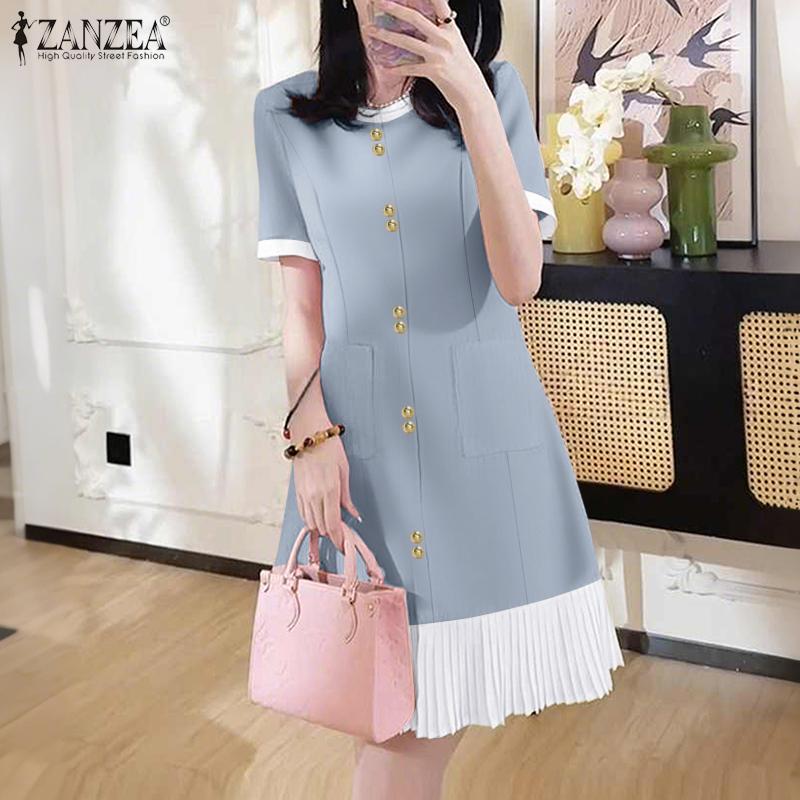 ZANZEA Women Casual Round Neck Short Sleeve Summer Splice Dress