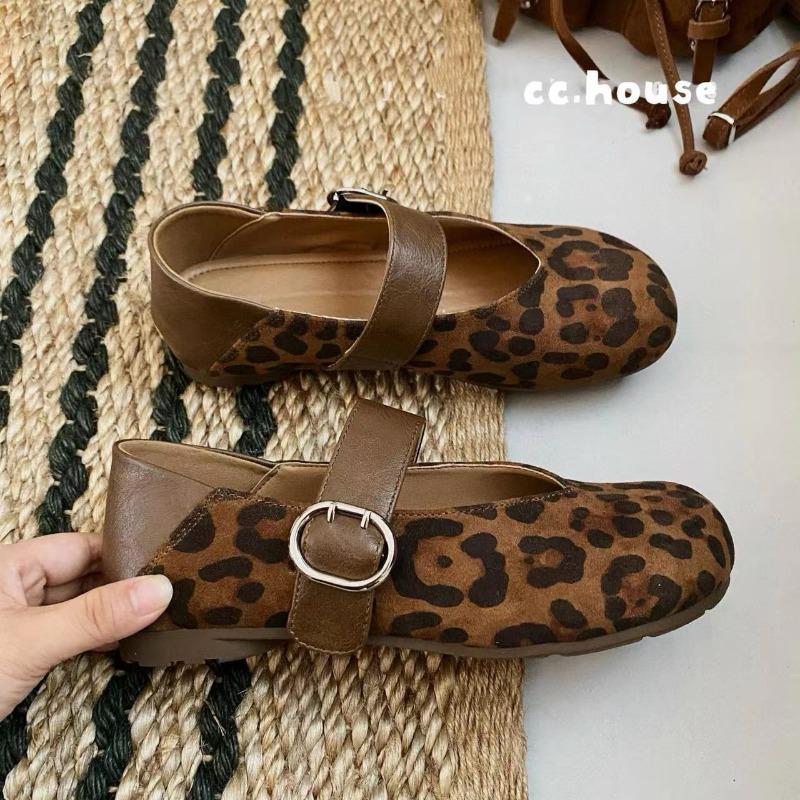 Leopard Print Cashmere Mary Jane Shoes Women's Autumn New Retro Soft-soled Shallow Mouth Single Shoes