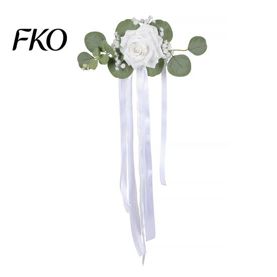 Wedding Car Decoration Set Door Handle Flower with Ribbon Tie And Green Leaves, White Artificial Easy Install Flowers Rose Rearview Mirror Bouquet for