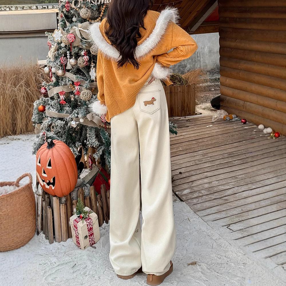 Women's Trendy High-Waist Embroidered Velvet Wide-Leg Jeans for Winter 2025