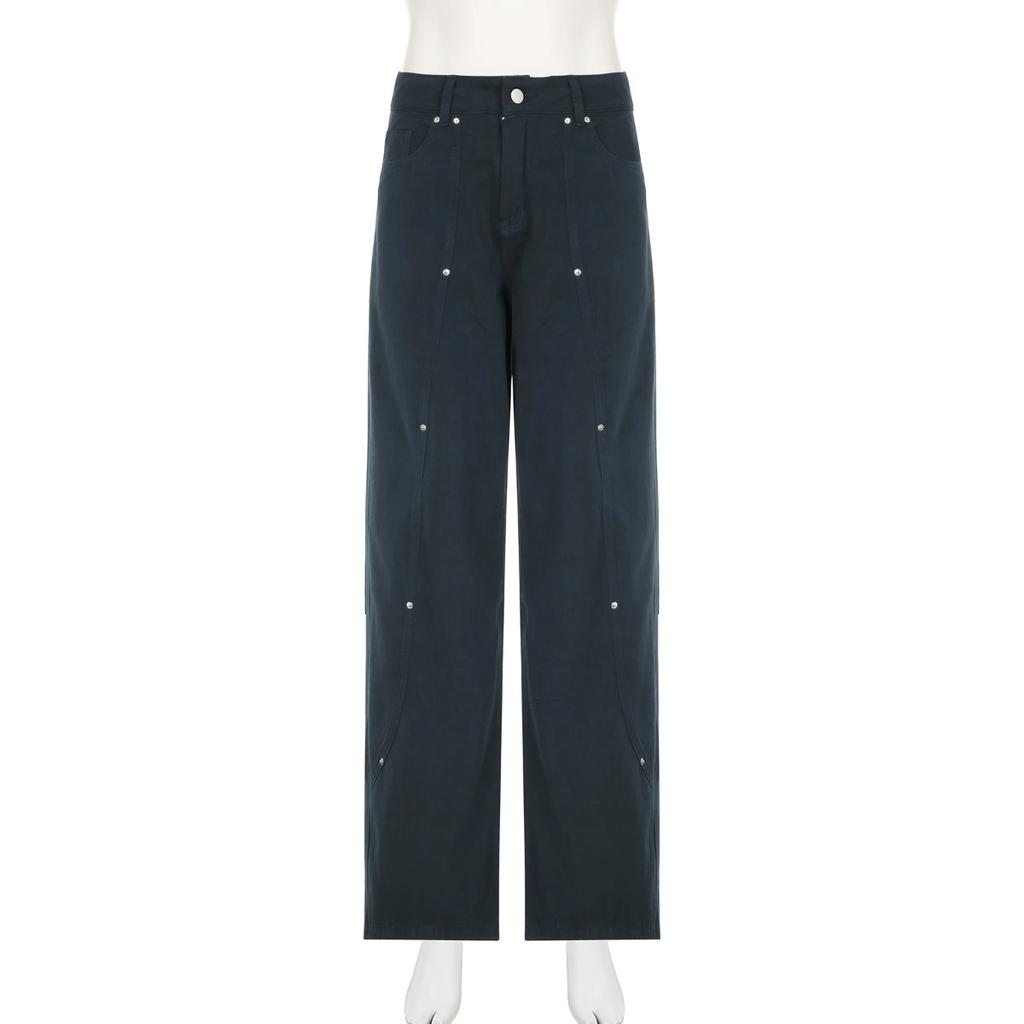 Casual Loose Rivet Jeans Wide Leg Pants Basic Low-Waisted Straight Pants Women Streetwear
